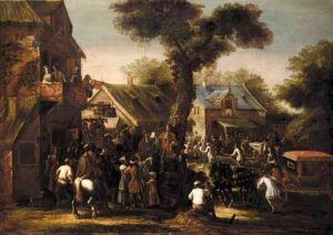 A Crowded Village Scene With A Messenger Reading A Proclamation